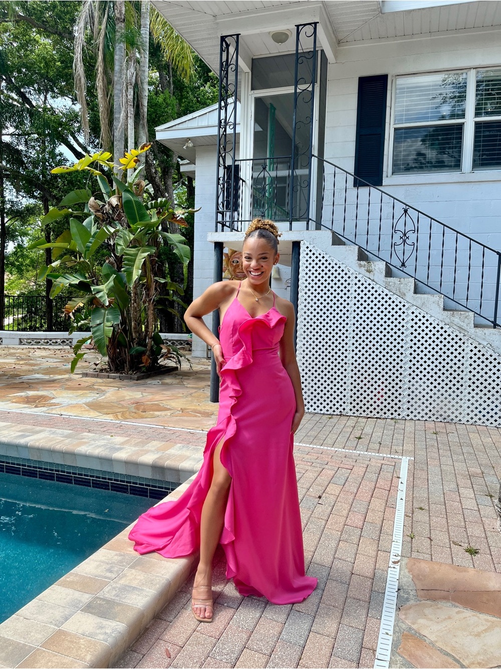 Hot Pink Ruffle Slit Gown